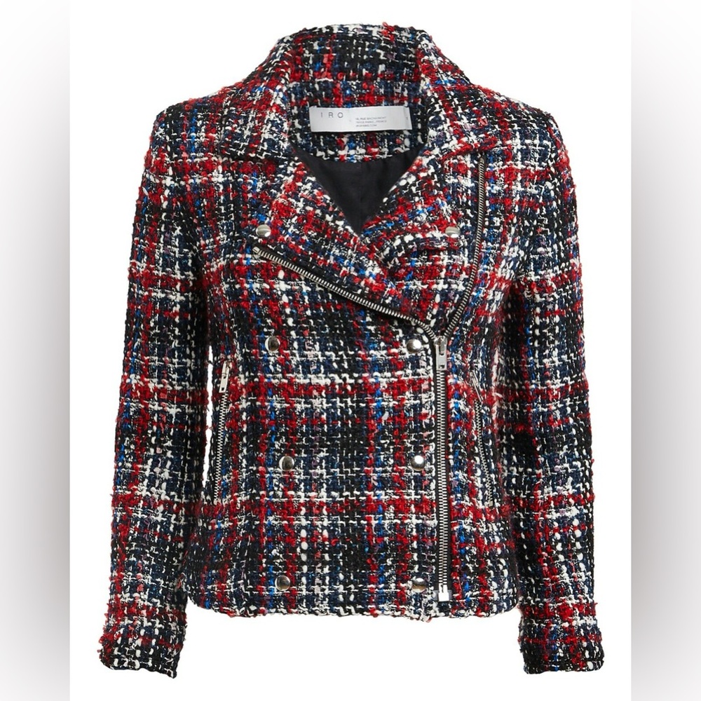 IRO Tweed Moto Jacket Size 4 Blazer Double Breasted Zipper FR36 Red White Blue
